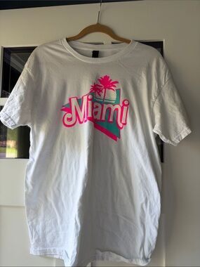 Gildan White Tee with Hot Pink & Teal Miami Graphic